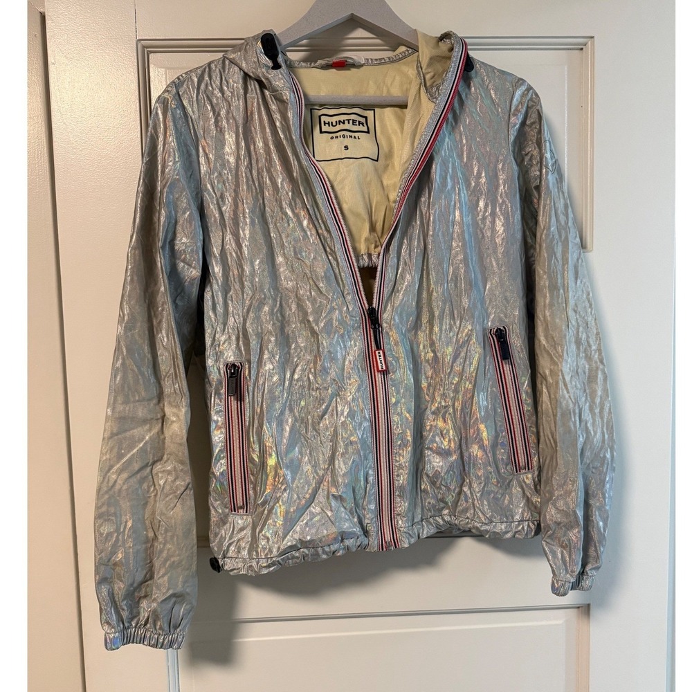 Hunter Original Nebula Silver Iridescent Packable Hooded Rain Jacket Wm Small